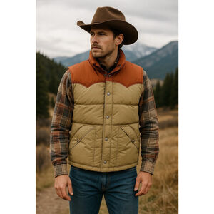 Vintage 80s DownPeak Western Ski Down Vest Men’s SM / M Tan Orange Yoke USA